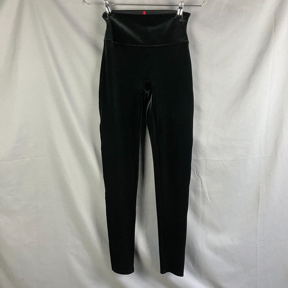 Spanx Leggings Womens M Black Velvet Shaping High Rise Stretch Pull On Goth 2070